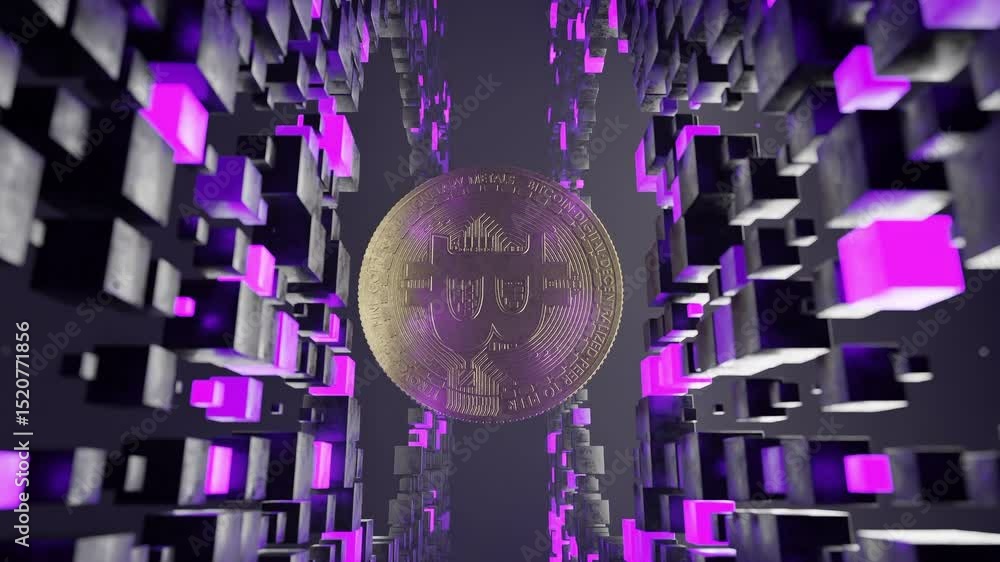 Poster bitcoin coin floating inside abstract tunnel of black and purple cubic blocks. 3d digital cryptocurr