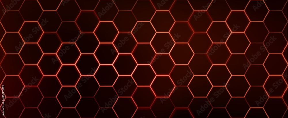 Poster hexagon game background with glowing red honeycomb grid on black surface. abstract geometric pattern