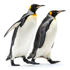Fototapeta premium Two emperor penguins walking side by side, full body view.