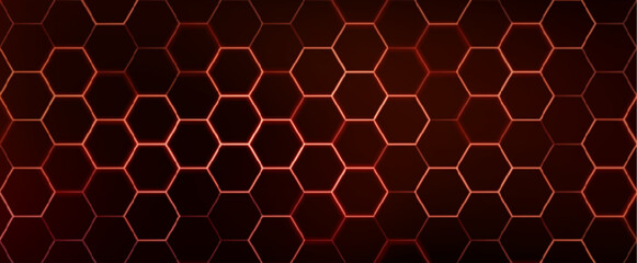 Hexagon game background with glowing red honeycomb grid on black surface. Abstract geometric pattern of connected cells for futuristic interface design. Digital technology bg with luminous edges.