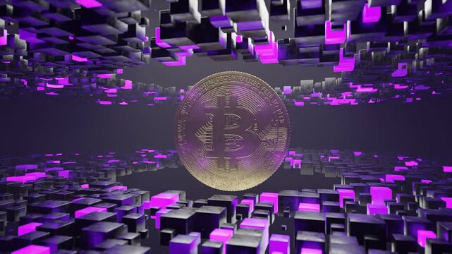Bitcoin coin floating inside abstract tunnel of black and purple cubic blocks. 3D digital cryptocurrency symbol. Blockchain and virtual currency concept.