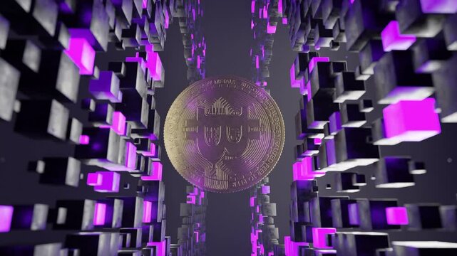 Bitcoin coin floating inside abstract tunnel of black and purple cubic blocks. 3D digital cryptocurrency symbol. Blockchain and virtual currency concept. vertical