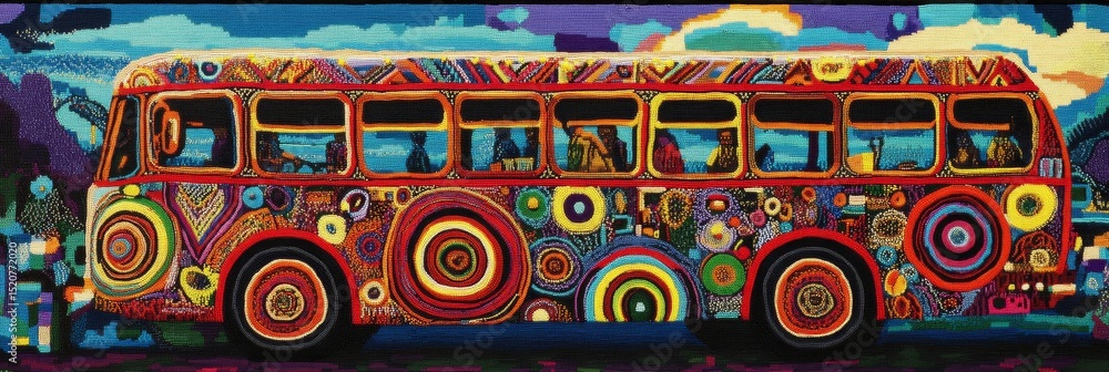 Poster colorful bus with psychedelic patterns against an abstract background illustration.