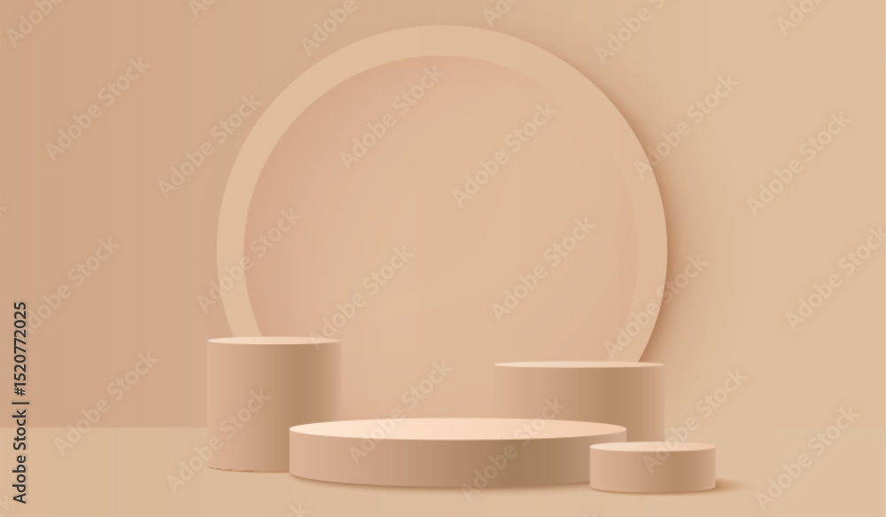 Poster beige round podium display on light brown background. minimal empty platform for product showcase or