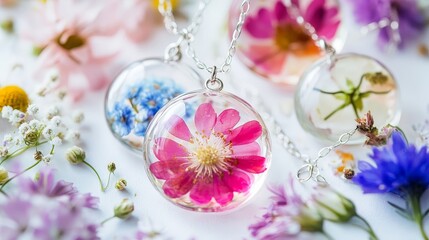 Make your own pretty jewelry! Use clear resin and real flowers to create unique earrings and necklaces at home. It's a fun DIY project!
