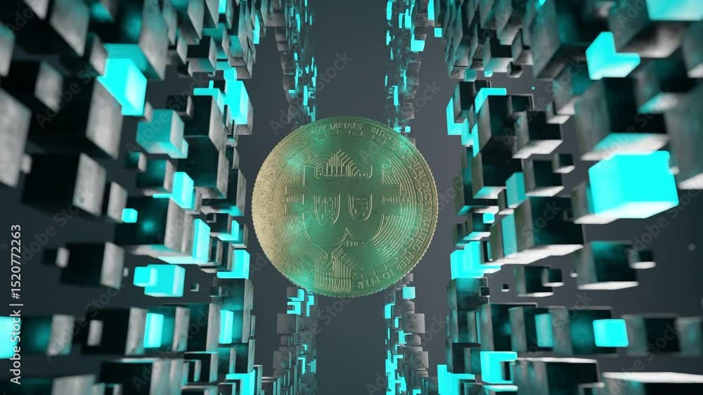 Poster bitcoin coin floating inside abstract tunnel of black and blue cubic blocks. 3d digital cryptocurren