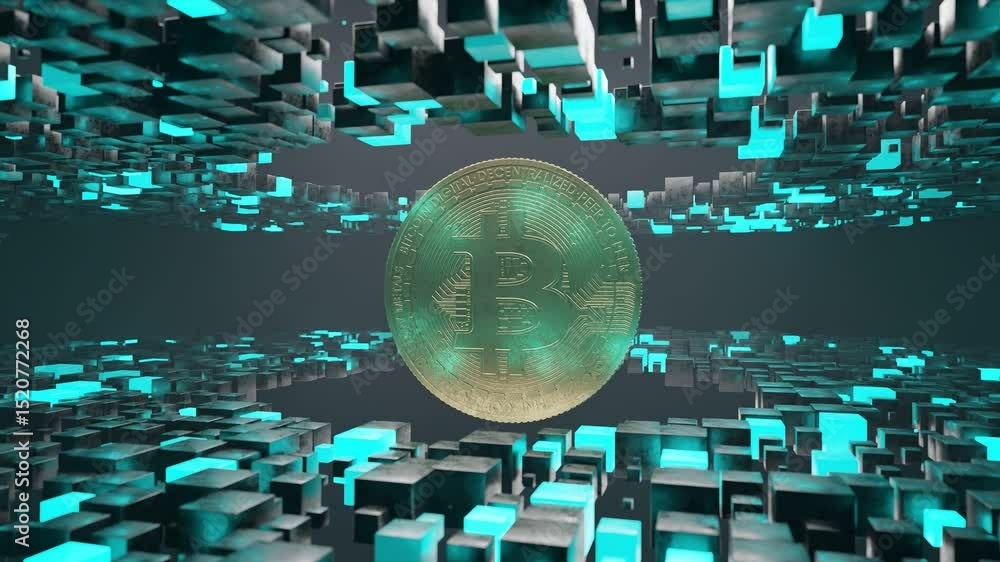Poster bitcoin coin floating inside abstract tunnel of black and blue cubic blocks. 3d digital cryptocurren