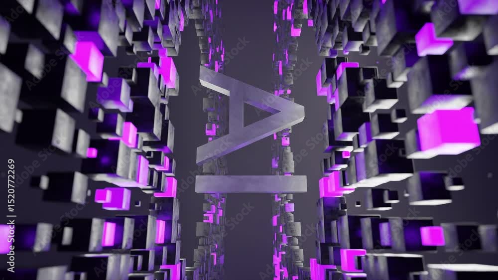 Poster letters ai in metallic 3d style inside abstract tunnel of black and purple cubic blocks. digital fut
