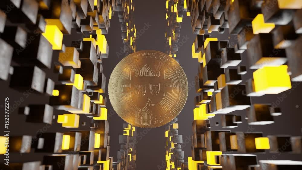 Poster bitcoin coin floating inside abstract tunnel of black and yellow cubic blocks. 3d digital cryptocurr