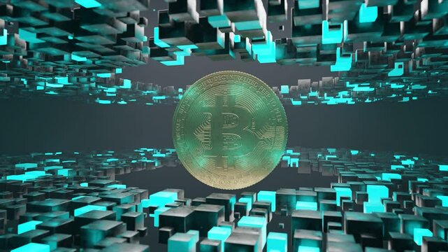 Bitcoin coin floating inside abstract tunnel of black and blue cubic blocks. 3D digital cryptocurrency symbol. Blockchain and virtual currency concept.