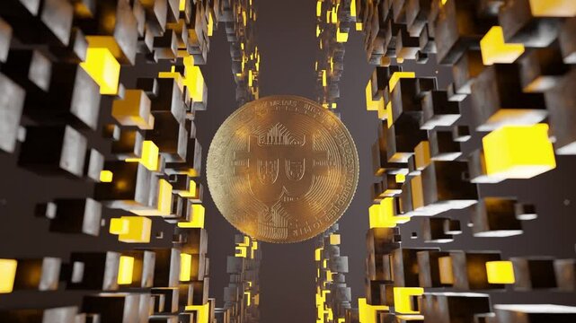 Bitcoin coin floating inside abstract tunnel of black and yellow cubic blocks. 3D digital cryptocurrency symbol. Blockchain and virtual currency concept. vertical