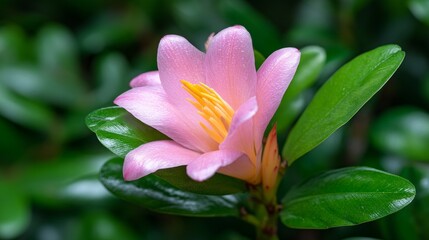 Fototapeta premium Delicate Pink Blossom with Dew Drops Surrounded by Lush Green Leaves
