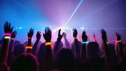 Fans are raising their hands with glow sticks, creating a vibrant atmosphere under colorful laser lights during an electronic music concert - Powered by Adobe