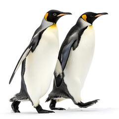 Fototapeta premium Two emperor penguins walking side by side, full body view.