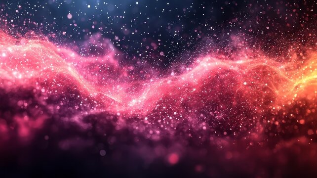Vibrant cosmic abstract with swirling pink and orange hues, sparkling stars, and a sense of depth, perfect for backgrounds in technology, science, or creative projects.