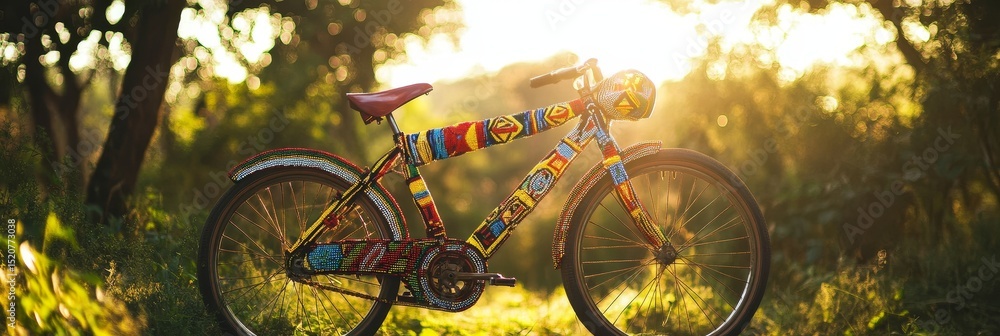 Poster bicycle in a forest setting with bright sunlight shining through the trees.