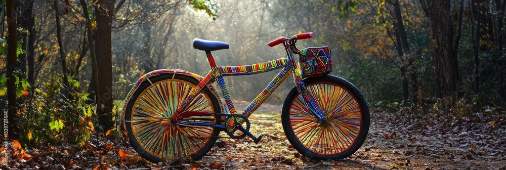 Aufkleber bicycle parked on a path in a forest with sunlight filtering through trees.