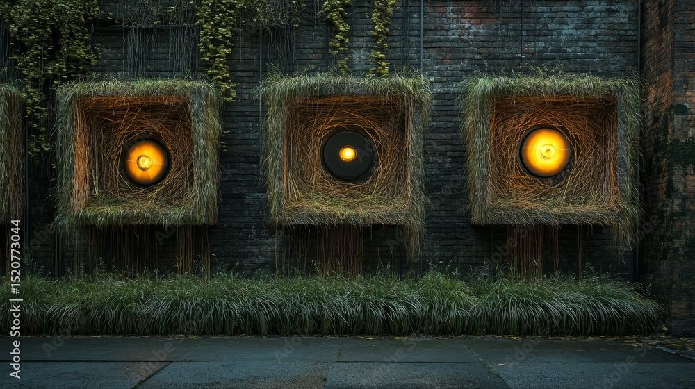 Poster three square frames with circular lights on a stone wall with greenery.
