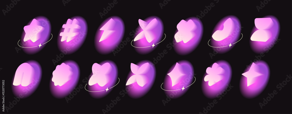 Aufkleber glowing pink gradient shapes with y2k aura effect on black background. star and flower, lightning bo