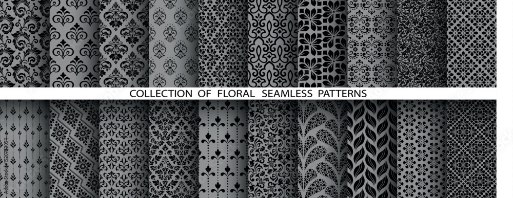 Poster geometric floral set of seamless patterns. gray and black vector backgrounds. damask graphic ornamen