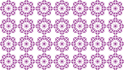 Seamless violet and white vector pattern featuring symmetrical mandala-like shapes arranged in a grid layout. Ideal for backgrounds, wallpapers, textile designs, and ornamental projects