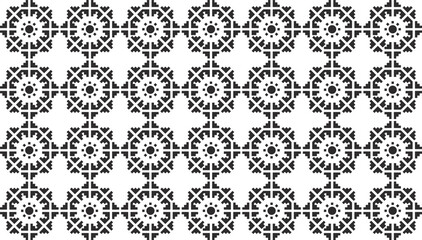 Seamless black and white vector pattern featuring symmetrical mandala-like shapes arranged in a grid layout. Ideal for backgrounds, wallpapers, textile designs, and ornamental projects