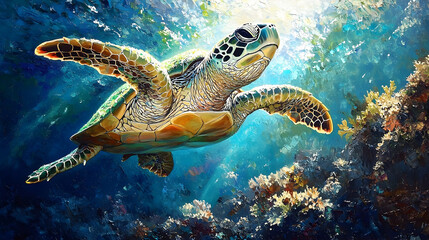 Obraz premium Vibrant sea turtle glides through a vibrant coral reef.