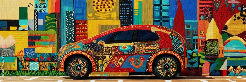 Poster colorful car with abstract patterns parked in front of a vibrant cityscape backdrop.