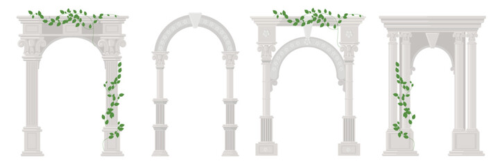 Fototapeta premium Set of beautiful arches with columns in cartoon style. Vector illustration architectural arches with Greek columns, patterns, green twisted ivy isolated on white background. Old antique columns.