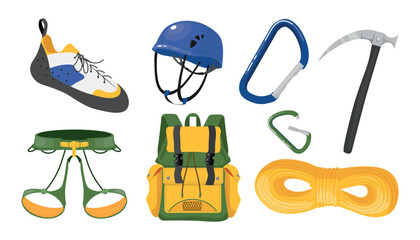 Set of climbing equipment in cartoon style.Vector illustration: briefcase, rigging carabiner, crust, rope, shoes, insurance system,helmet isolated on white background.Climbing on rocks, climbing wall.
