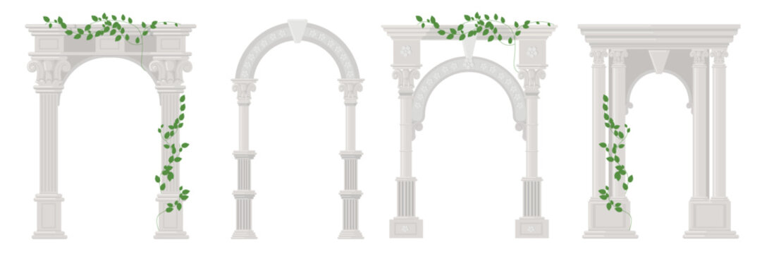 Set of beautiful arches with columns in cartoon style. Vector illustration architectural arches with Greek columns, patterns, green twisted ivy isolated on white background. Old antique columns.