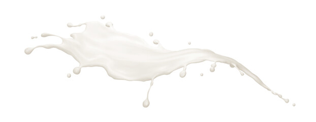 Dynamic milk splash in motion - creamy white wave flowing with droplets scattered around. Liquid dairy splashing with smooth curved shape and small drops for beverage advertising or food concepts.