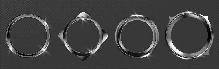 Silver metal ring frames collection on transparent background - chrome circular borders with shiny reflections and sparkle effects. Modern metallic round elements for badge display or interface design