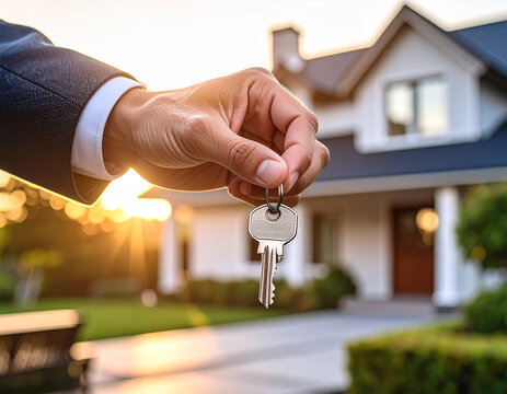 Mano de un vendedor de una inmobiliaria entregando la llave de una casa nueva vendida 