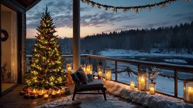 Christmas porch with a view of Golden sunset reflections over a calm winter lake, framed by snow-covered mountains and trees, with a tranquil view of the city skyline