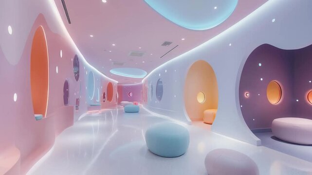 Unique modern interior design of a colorful lounge area with playful shapes and soft lighting
