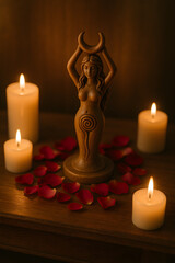 A serene statue of a moon goddess surrounded by candles and rose petals, creating a tranquil and spiritual atmosphere.