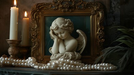 Fototapeta premium Angel statue framed with candles and pearls on a mantelpiece in soft light.