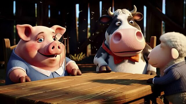 In a rustic barn, a diverse group of farm animals&mdash;pigs, cows, and sheep&mdash;participate in a serious yet comical roundtable discussion: debating the joys and challenges of agricultural life.