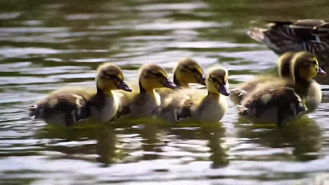 A mother duck guides her brood of downy ducklings across a tranquil pond&mdash;patiently responding to their chorus of inquisitive, high-pitched chirps and calls.