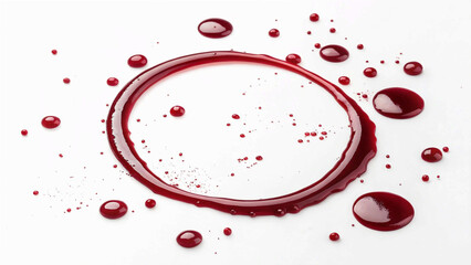 Red wine stain isolated on a white background, top view. Red wine ring and drops.