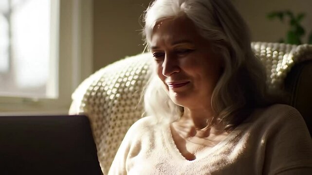 Smiling senior woman enjoys online shopping: Elderly lady browsing a web store on her laptop, happily adding products to her virtual shopping cart with a cheerful expression.