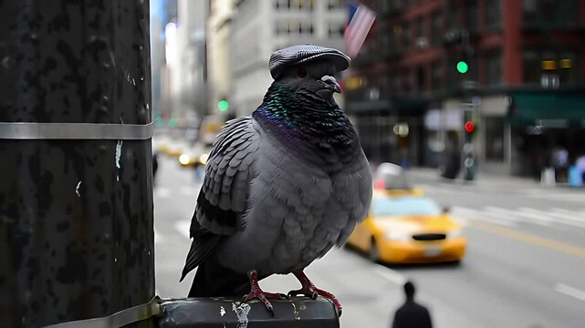 A Pigeons Complaint: Streetwise bird in a miniature newsboy cap perches atop a city lamppost, comically lamenting the daily urban grind to the camera&mdash;avian antics in the city.