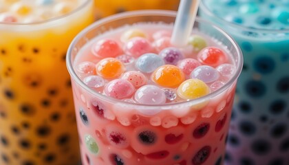 Colorful Bubble Tea with Tapioca Pearls in Close-up