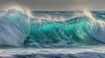 Powerful ocean wave crashing against the shore.