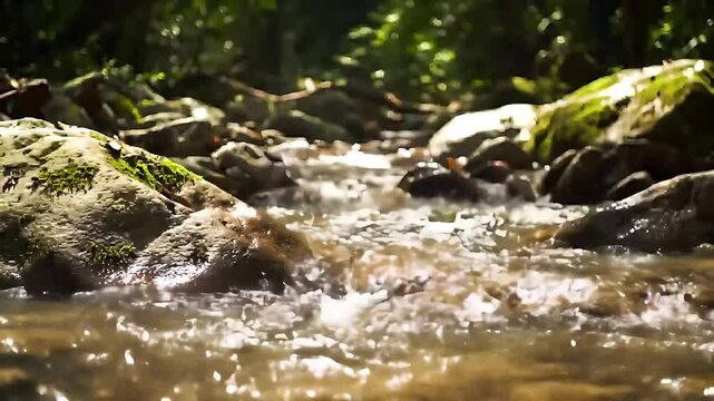 A gentle, crystalline stream winds its way through a vibrant rainforest, its shallow waters flowing over slick, moss-draped stones&mdash;a serene natural landscape.
