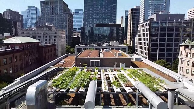 Aerial View: Drone rises from an urban rooftop garden, showcasing a network of eco-friendly green roofs seamlessly integrated into the citys architectural landscape.