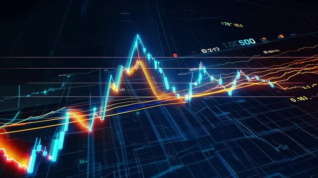 Financial chart with blue and orange lines showing market trends and data visualization display