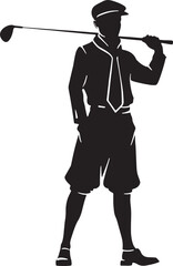 Elegant male golfer silhouette in vintage outfit, carrying a golf bag and holding a club over his shoulder. Classic and stylish design ideal for logos, SVG files, and retro golf branding.