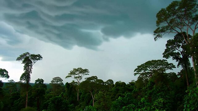 Dark Storm Clouds Amass Over Lush Rainforest: A time-lapse captures the dramatic build-up of ominous weather, culminating in a heavy, torrential rainstorm over the dense jungle.
